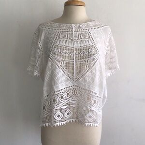 Boho Cottagecore Prairiecore White Crochete ShortSleeve Ultra Pink Crop Top XL
